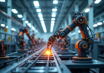 Obraz premium Robotic arms assembling components in a modern manufacturing facility at night