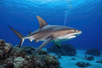 Fototapeta premium Incredible Hammerhead Shark Showcasing Distinct Features in Underwater Environment