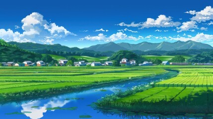Cartoon Idyll: A Visual Symphony of Blue Skies, Green Fields, and White Houses Amidst Mountains and Rivers