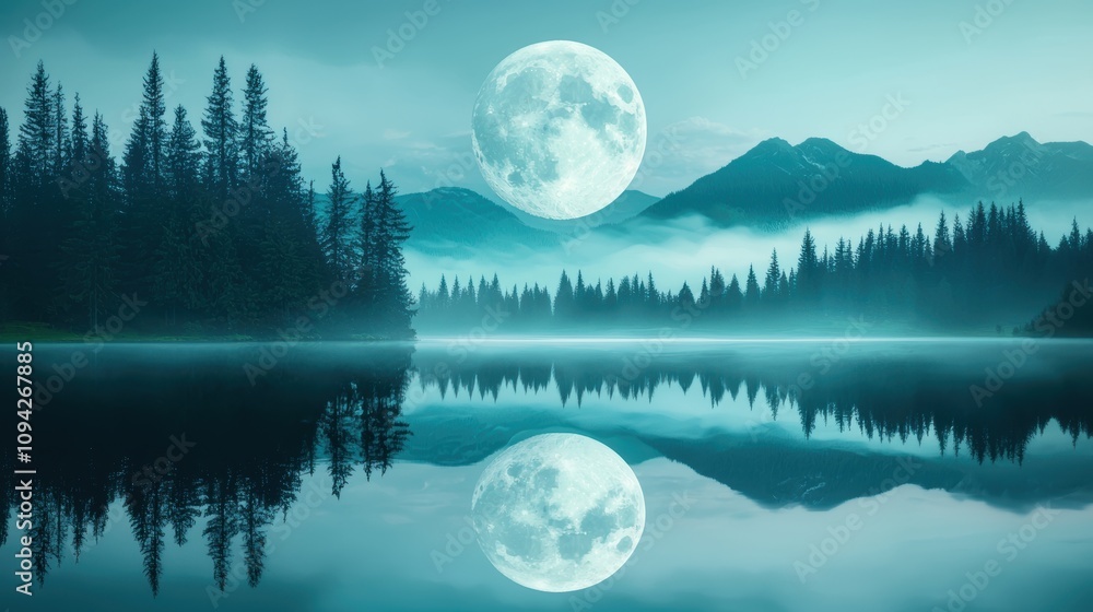 Aufkleber a full moon bathes a tranquil lake in a silvery light, creating shimmering reflections of the surrou
