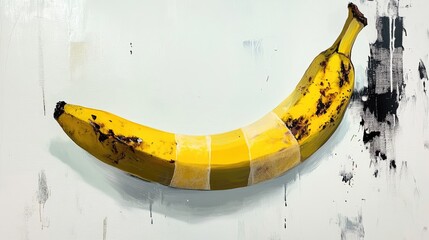  A close-up of a banana duct-taped to a white wall, with reflections of bidders holding cryptocurrency symbols instead of paddles, creating a modern art auction ambiance.