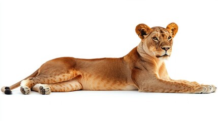 Obraz premium A majestic lioness lies gracefully on a white background, showcasing its powerful build and regal gaze.