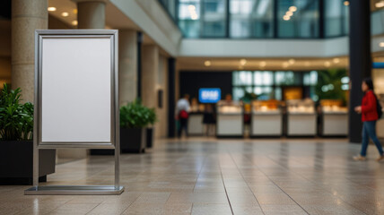 Blank white mockup of a sign in a busy shopping center.Blank promotional pole template to showcase your business or advertisement.