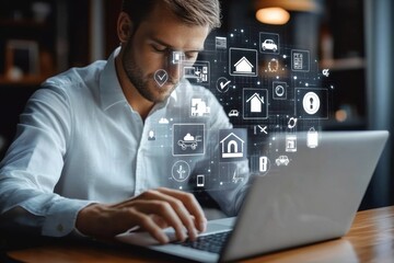 Businessman Using Laptop for Online Insurance Services for Car Travel Family Life Financial Health Management