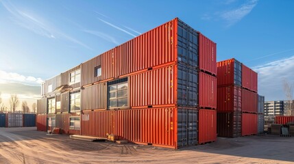 Large shipping containers stacked and interconnected to create temporary storage areas for building materials during construction.