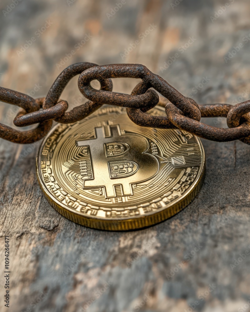 Poster a bitcoin coin secured with a rusty chain, symbolizing security and cryptocurrency challenges.