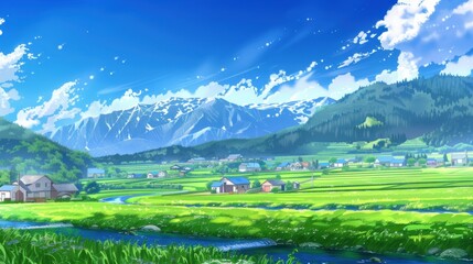 Cartoon Idyll: A Visual Symphony of Blue Skies, Green Fields, and White Houses Amidst Mountains and Rivers