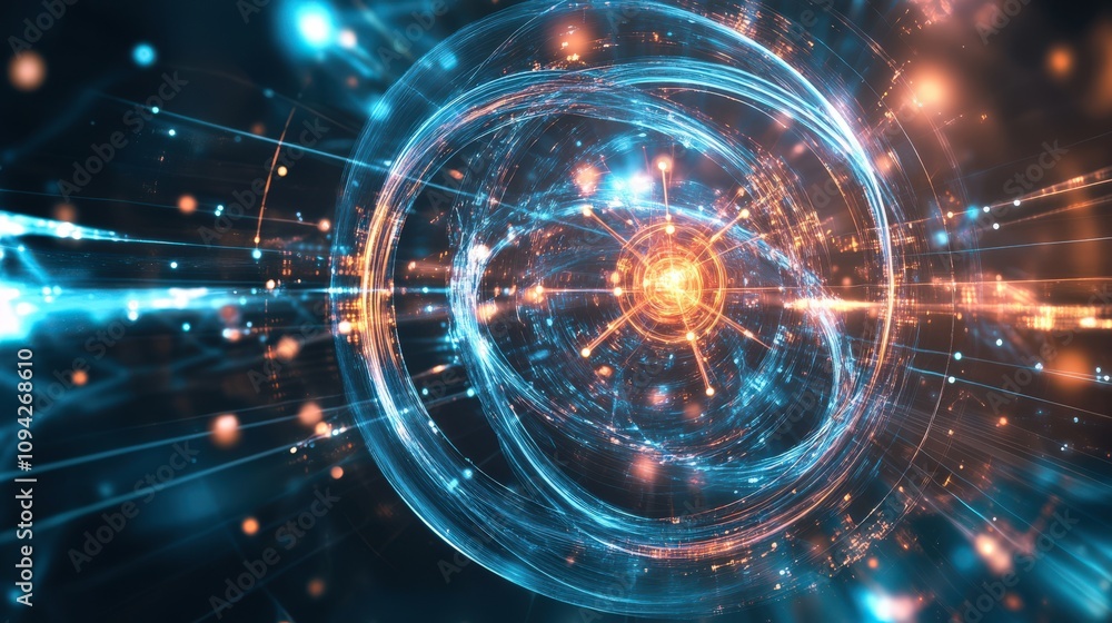 Poster a captivating digital rendering of atomic structures showcasing swirling energy and vibrant colors.