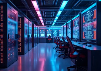 High-tech server room with illuminated panels and ergonomic chairs in a modern facility