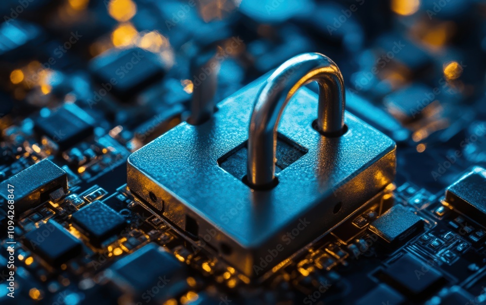 Poster a close-up of a padlock on a circuit board, symbolizing digital security and data protection in the 