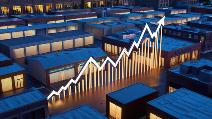 Fototapeta premium Financial growth analysis urban business district data visualization nighttime environment aerial viewpoint economic trends