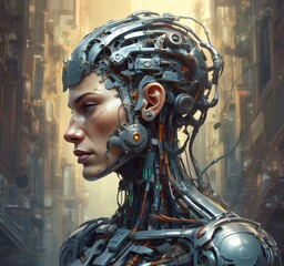 Technology illustration of cyborg with brain connections.