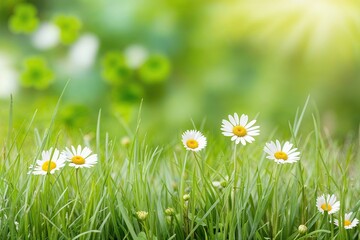 Serene Nature Landscape with Lush Grass Clovers and Daisies in Sunlit Environment