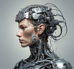 Technology illustration of cyborg with brain connections.