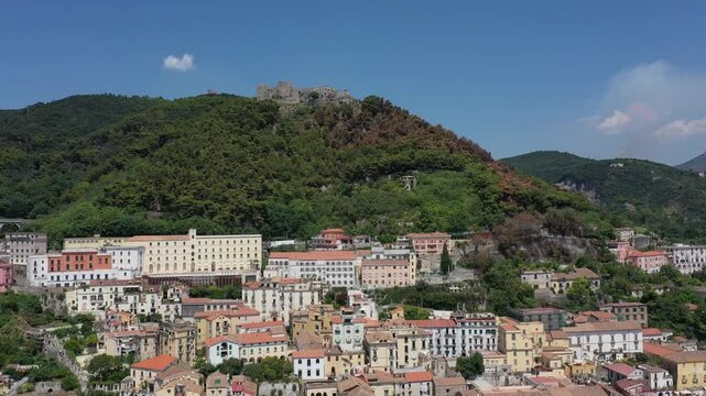 Aerial view from high altitude of Salerno city center and Arechi Castle on the mountain, Italy