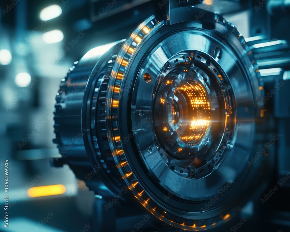 Poster a close-up view of a modern machine component showcasing intricate design and advanced engineering.
