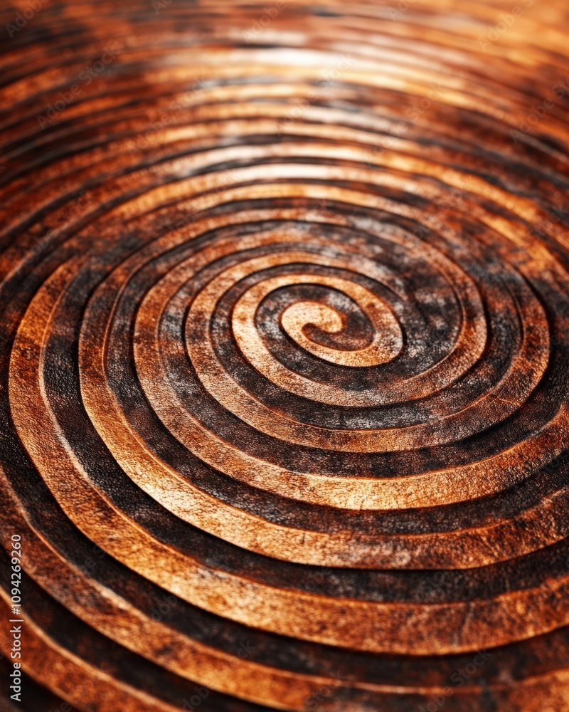 Poster a close-up view of a textured spiral pattern with copper tones, showcasing depth and intricate detai