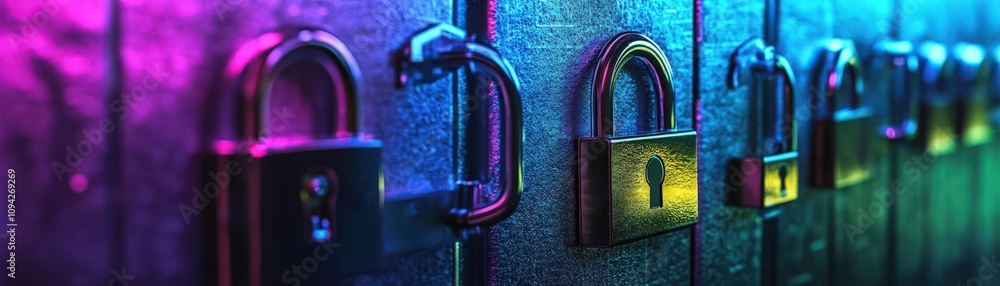 Poster a close-up view of colorful locks in various shades, symbolizing security and protection in a digita