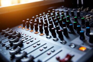 Closeup new blue knob for music mixers. sound engineer music mixer control panel.