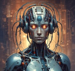 Technology illustration of cyborg with brain connections.