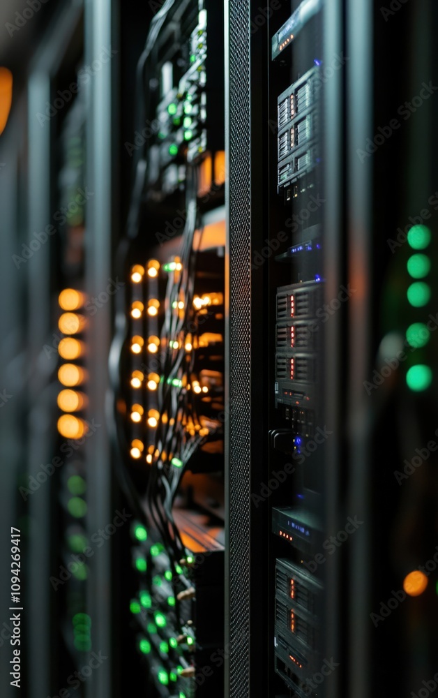 Aufkleber a close-up view of server racks illuminated by colorful led lights, showcasing modern data center te