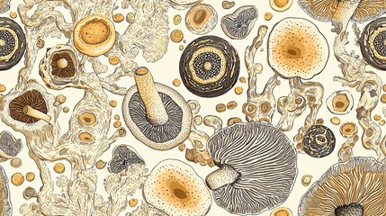 Microscopic fungi spores seamless pattern, mycelium network, fungal structures, natural organic forms, earthy color palette
