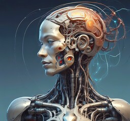 Technology illustration of cyborg with brain connections.