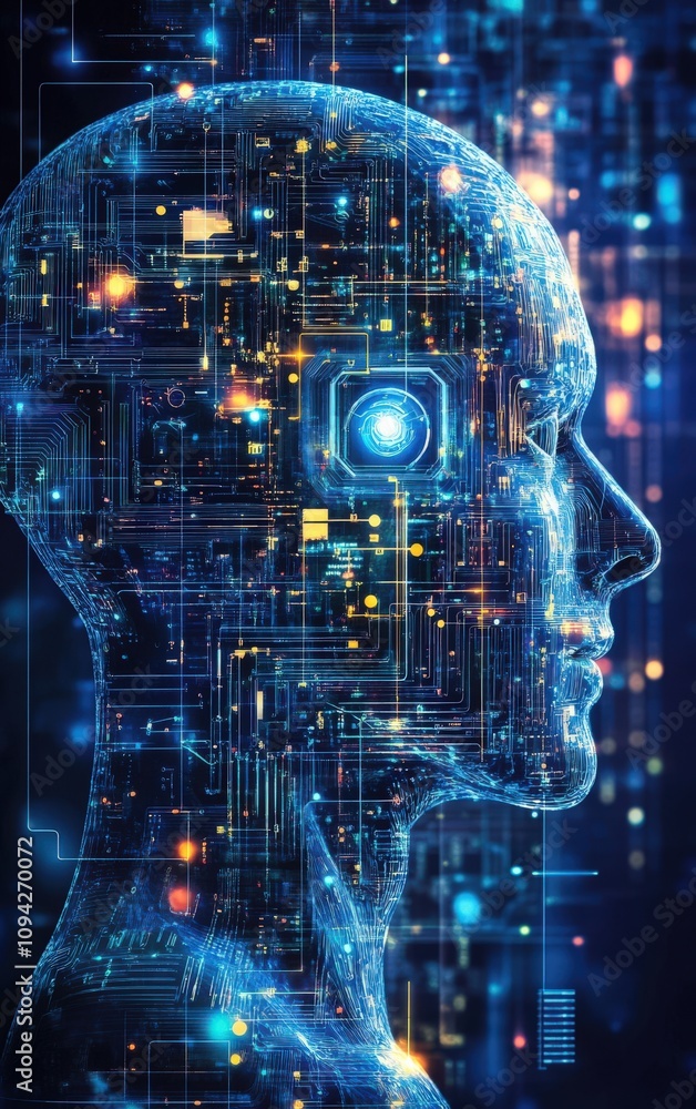 Poster a digital representation of a human head with circuits and glowing lights symbolizing artificial int