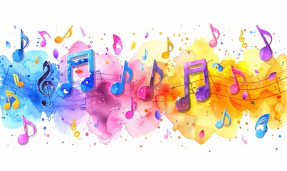 Flowing music notes intertwine with colorful watercolor splashes, capturing the essence of creative melody and rhythm in a harmonious visual celebration of sound