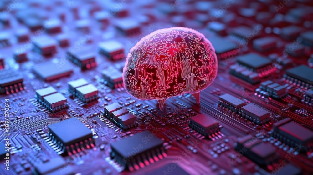Poster a futuristic microchip with an illuminated brain, symbolizing advanced artificial intelligence and i