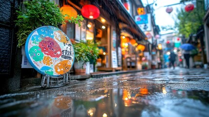 Vibrant Japanese Street with Lanterns and Restaurants at Night / Day