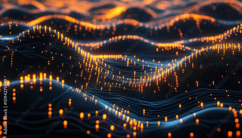 Poster a mesmerizing view of glowing waves with digital light patterns, representing innovation and technol