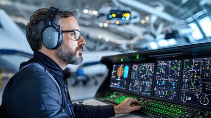 A focused technician operates advanced controls in an aircraft hangar, showcasing high-tech screens and equipment.