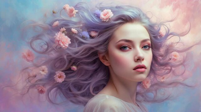 Creative fantasy portrait of a girl surrounded by flowers. Concept of dream, meditation, transcendent conscience and creative mind.