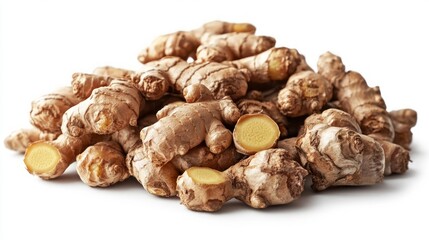 A pile of fresh ginger roots, some cut open to show the pale yellow interior, isolated on a white background.
