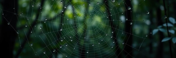 Fototapeta premium Close-up of raindrops hitting a spider's web in the forest, water, arachnid, environment