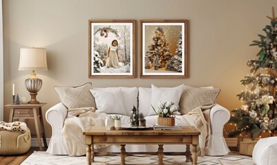 A charming living room decorated for New Year features two watercolor picture frames showcasing whimsical holiday themes. A cozy sofa, elegant tree, and warm lighting create a festive atmosphere