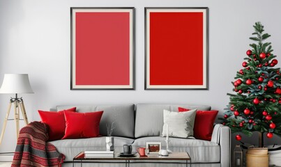 In a stylish living room, two empty picture frames await personal touches, surrounded by cheerful red decorations, a decorated tree, and a warm ambiance perfect for New Year's celebrations