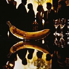  A close-up of a taped banana reflected on a shiny surface, with silhouettes of guests engaged in conversation in a luxurious auction setting, highlighting the exclusivity of the event.