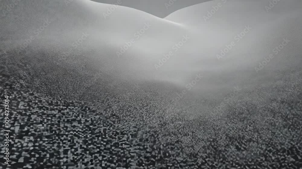Poster camera zooms into a monochromatic field of shimmering, pixelated noise with subtle shifts and shape 