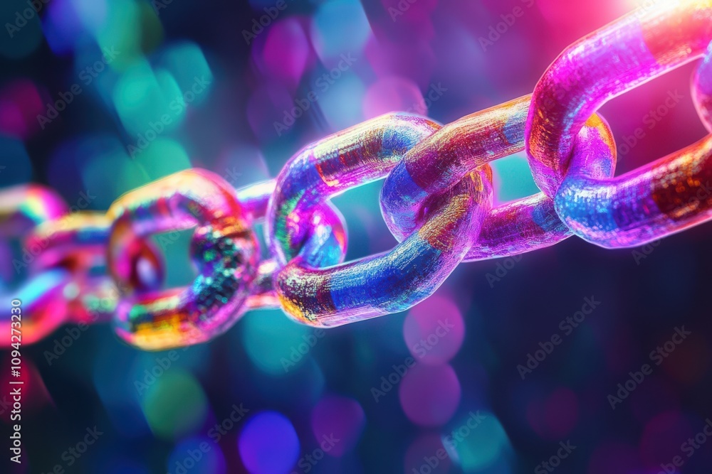 Poster a vibrant close-up of a colorful chain with a bokeh background, symbolizing strength and connection 