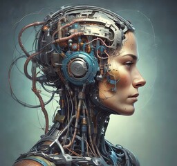 Technology illustration of cyborg with brain connections.