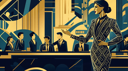 A confident female executive in a geometric-patterned suit addresses her team in a lavish office setting, blending 1920s art deco aesthetics with contemporary design elements