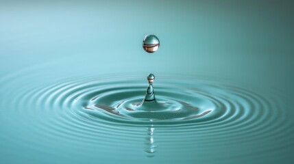 A single water drop falling into still water, creating concentric ripples.