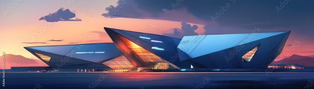 Aufkleber modern architectural structures with angular designs and vibrant lighting at sunset.