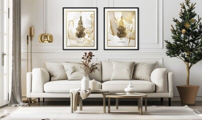 Set in a stylish living room, this holiday decor showcases two watercolor picture frames adorned with festive designs, complemented by a Christmas tree and modern furnishings
