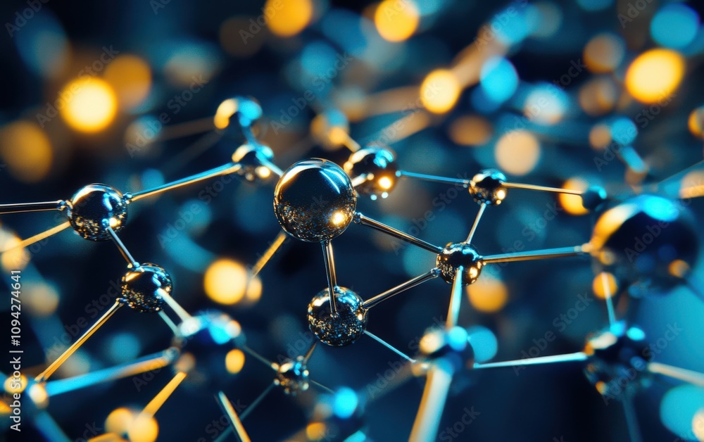 Poster abstract representation of molecular structures with glowing connections and nodes in a scientific b