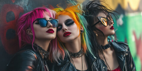 Naklejka premium Vibrant punk fashion: bold hairstyles and edgy attire in urban scene