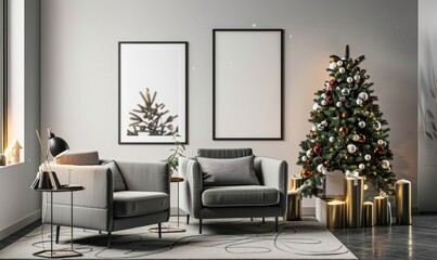 Bright and inviting living room decorated for New Year’s festivities, showcasing two empty picture frames ready for artwork, complemented by a stylish Christmas tree adorned with colorful ornaments