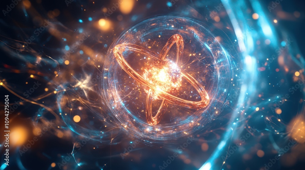 Poster an artistic representation of an atom glowing in cosmic colors, symbolizing the fusion of science an